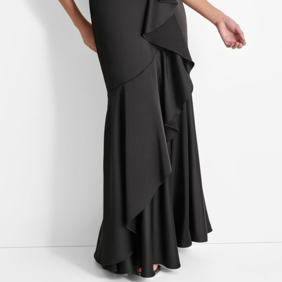 DKNY Women's Mesh-Yoke Cascading-Ruffle Evening Gown - Black NWT Size 14 - Picture 2 of 7